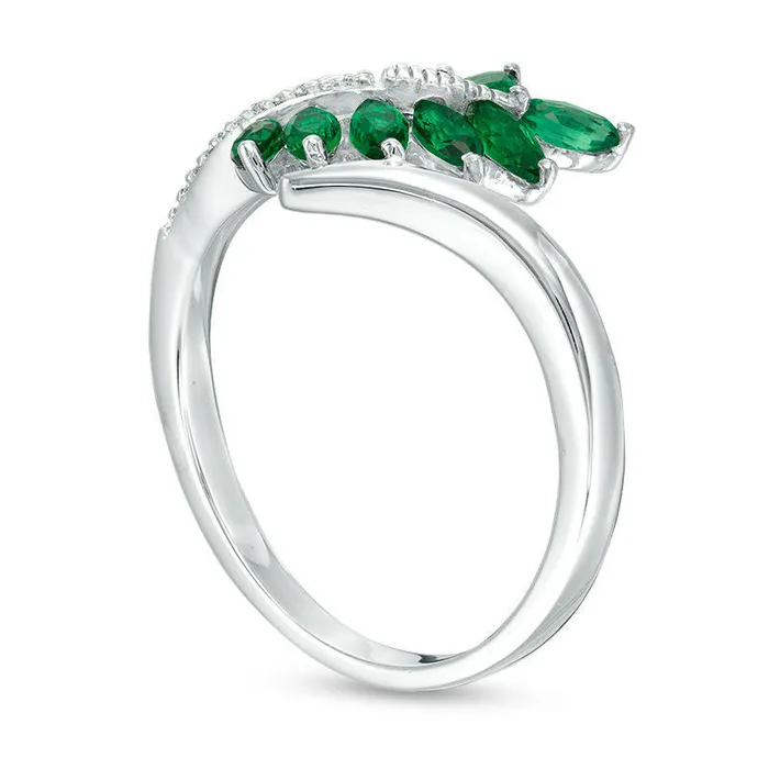 Goldia Marquise LabCreated Emerald and Diamond Accent Bypass Leaf Ring in Sterling Silver Rings Goldia Marquise LabCreated Emerald and Diamond Accent Bypass Leaf Ring in Sterling Silver Rings