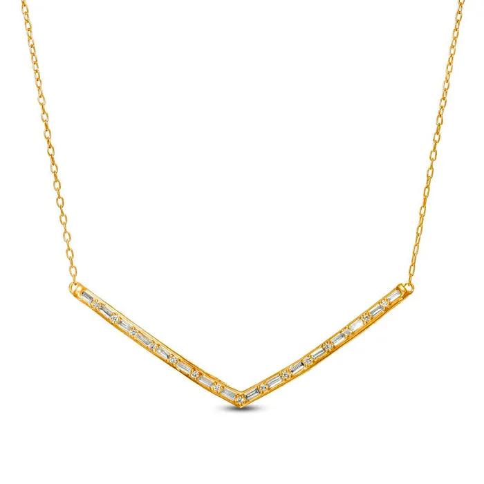 Goldia Necklaces 025 CT TW Baguette and Round Natural Diamond Chevron Necklace in 10K Yellow Gold Goldia Necklaces 025 CT TW Baguette and Round Natural Diamond Chevron Necklace in 10K Yellow Gold