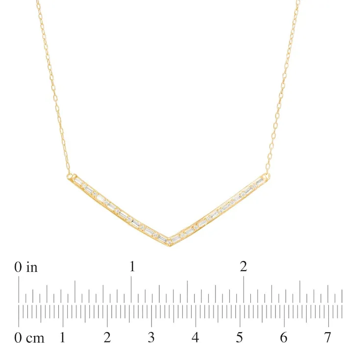 Goldia Necklaces 025 CT TW Baguette and Round Natural Diamond Chevron Necklace in 10K Yellow Gold Goldia Necklaces 025 CT TW Baguette and Round Natural Diamond Chevron Necklace in 10K Yellow Gold