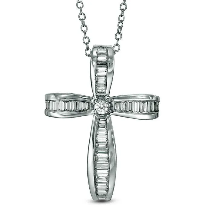 Goldia Necklaces 038 CT TW Baguette and Round Natural Diamond Cross Pendant in 14K White Gold Goldia Necklaces 038 CT TW Baguette and Round Natural Diamond Cross Pendant in 14K White Gold