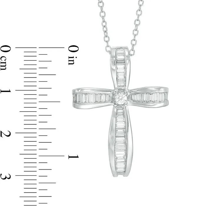 Goldia Necklaces 038 CT TW Baguette and Round Natural Diamond Cross Pendant in 14K White Gold Goldia Necklaces 038 CT TW Baguette and Round Natural Diamond Cross Pendant in 14K White Gold