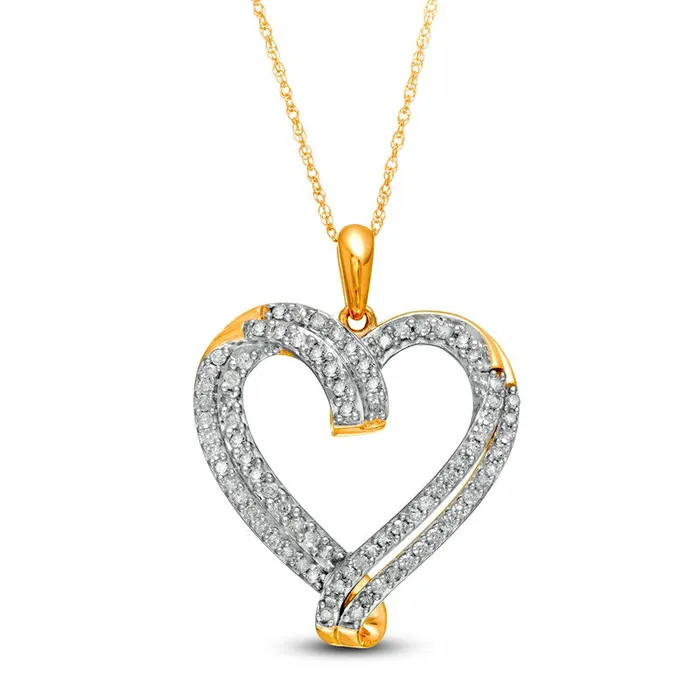 Goldia Necklaces 05 CT TW Natural Diamond Double Row Ribbon Heart Pendant in 10K Yellow Gold Goldia Necklaces 05 CT TW Natural Diamond Double Row Ribbon Heart Pendant in 10K Yellow Gold