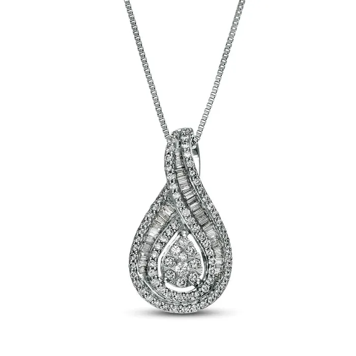 Goldia Necklaces 075 CT TW Baguette and Round Natural Diamond Teardrop Frame Pendant in 10K White Gold Goldia Necklaces 075 CT TW Baguette and Round Natural Diamond Teardrop Frame Pendant in 10K White Gold