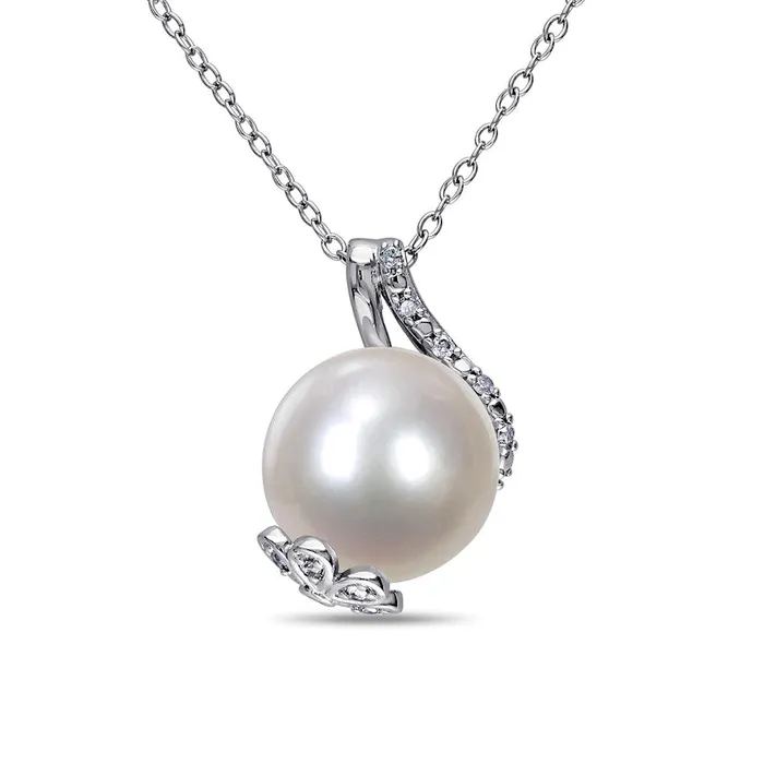 Goldia Necklaces 120125mm Cultured Freshwater Pearl and 01 CT TW Natural Diamond Flower Wrap Pendant in Sterling Silver Goldia Necklaces 120125mm Cultured Freshwater Pearl and 01 CT TW Natural Diamond Flower Wrap Pendant in Sterling Silver