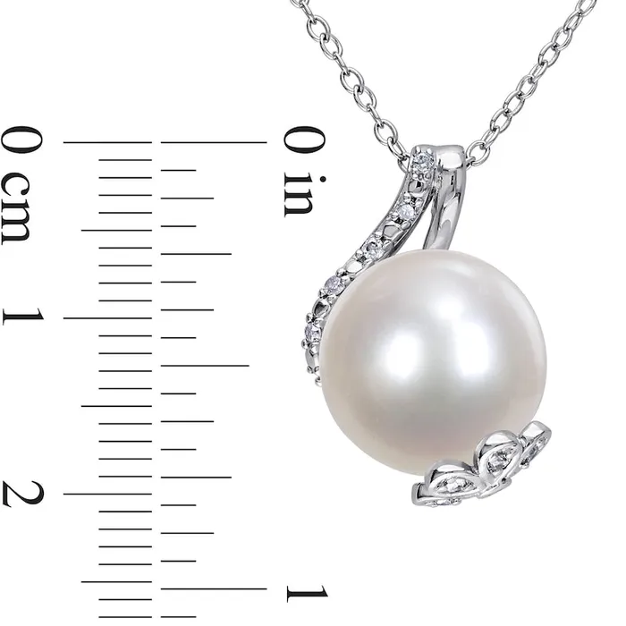 Goldia Necklaces 120125mm Cultured Freshwater Pearl and 01 CT TW Natural Diamond Flower Wrap Pendant in Sterling Silver Goldia Necklaces 120125mm Cultured Freshwater Pearl and 01 CT TW Natural Diamond Flower Wrap Pendant in Sterling Silver