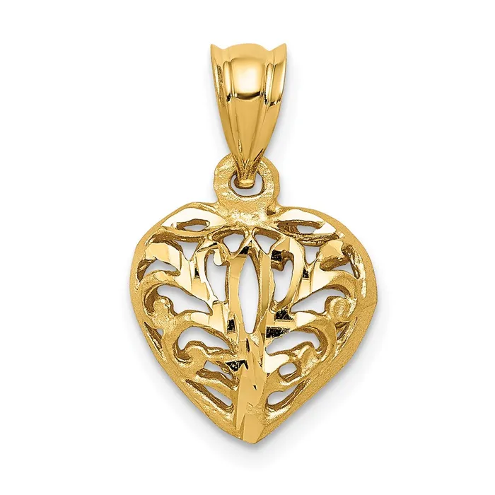 Goldia Necklaces 14k Yellow Gold Polished Filigree 3D Puffed Heart Pendant