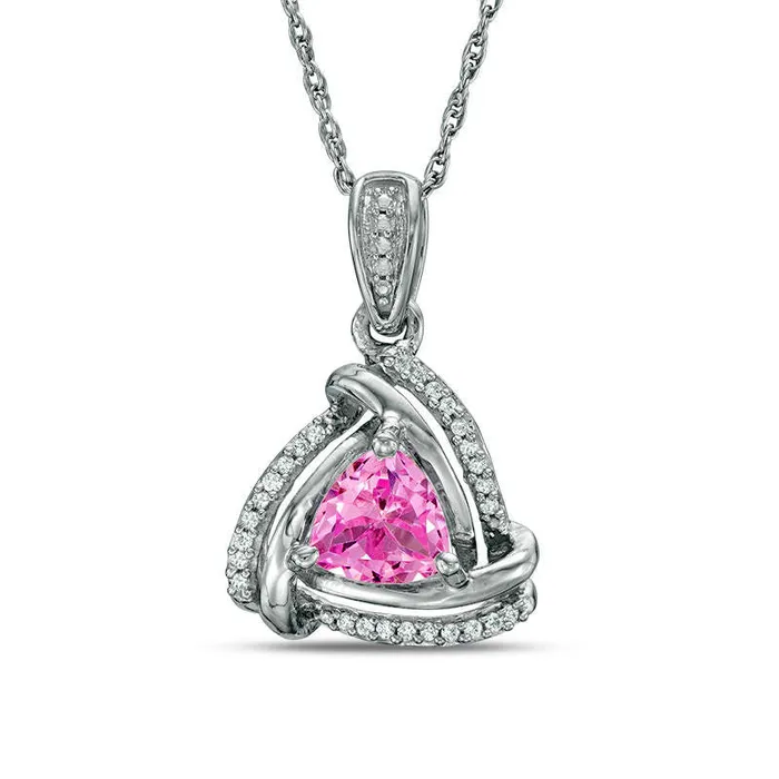 Goldia Necklaces 60mm TrillionCut LabCreated Pink Sapphire and Diamond Accent Swirl Frame Pendant in Sterling Silver Goldia Necklaces 60mm TrillionCut LabCreated Pink Sapphire and Diamond Accent Swirl Frame Pendant in Sterling Silver