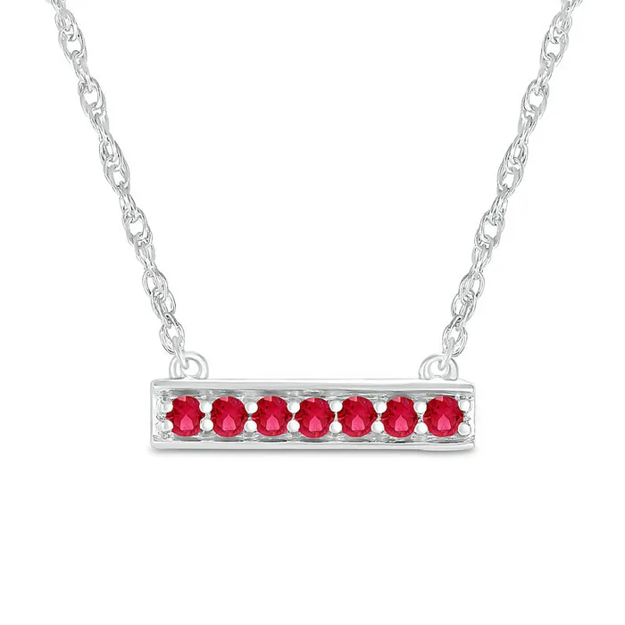 Goldia Necklaces LabCreated Ruby Seven Stone Border Bar Necklace in Sterling Silver Goldia Necklaces LabCreated Ruby Seven Stone Border Bar Necklace in Sterling Silver