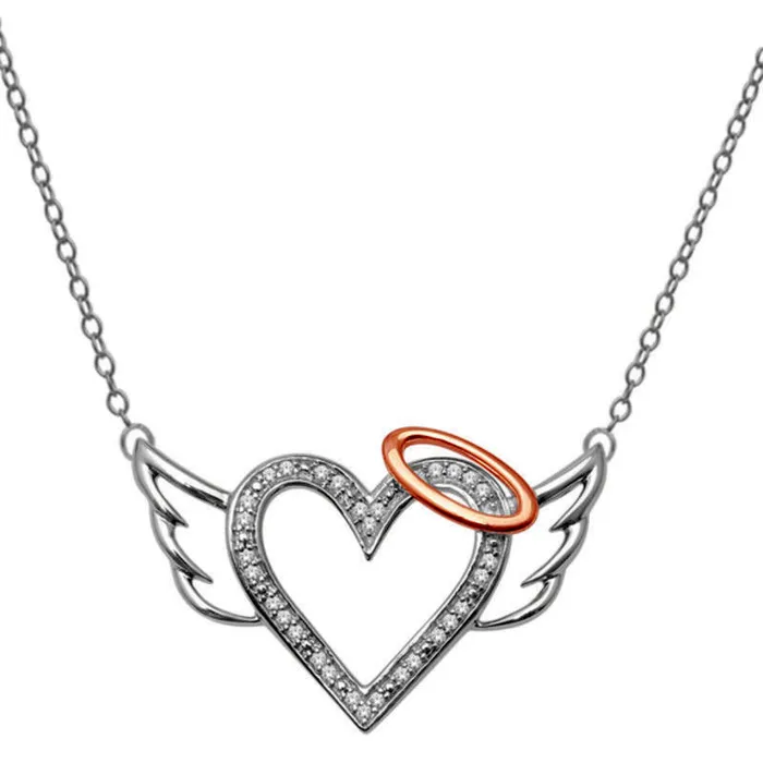 Goldia Necklaces Natural Diamond Accent Heart with Halo and Wings Pendant in Sterling Silver and 10K Rose Gold Goldia Necklaces Natural Diamond Accent Heart with Halo and Wings Pendant in Sterling Silver and 10K Rose Gold