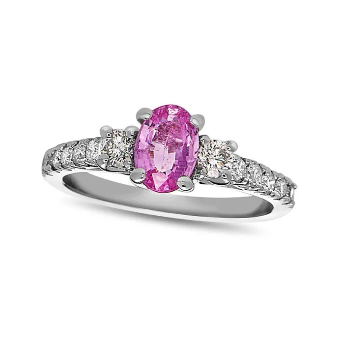 Goldia Oval Pink Sapphire and 050 CT TW Natural Diamond Three Stone Engagement Ring in Solid 14K White Gold Rings
