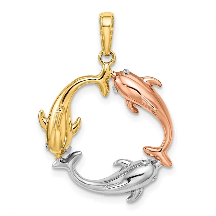 Goldia PreStyled Sets 14k TriColor Gold Triple Dolphin Circle Pendant