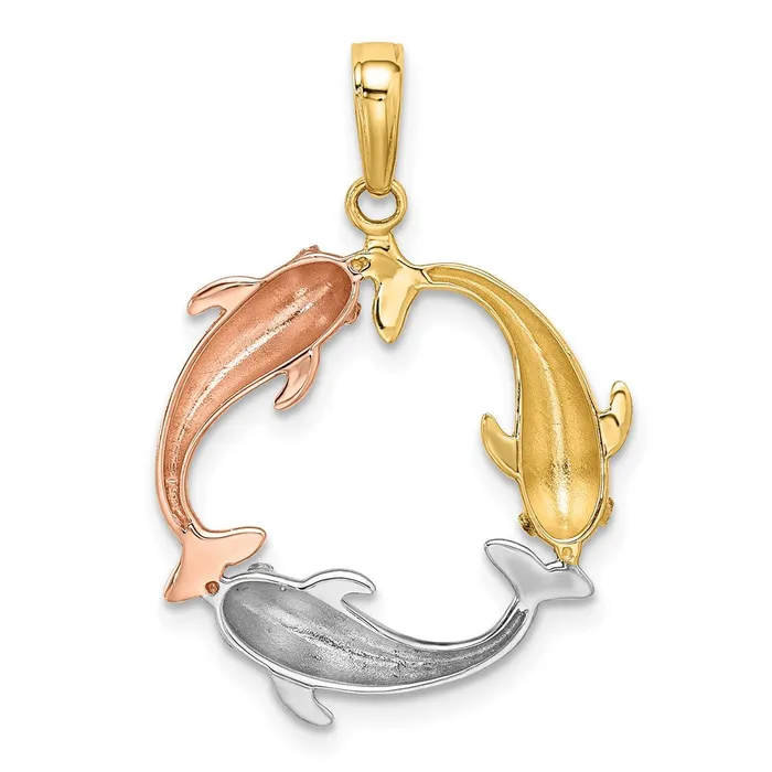 Goldia PreStyled Sets 14k TriColor Gold Triple Dolphin Circle Pendant