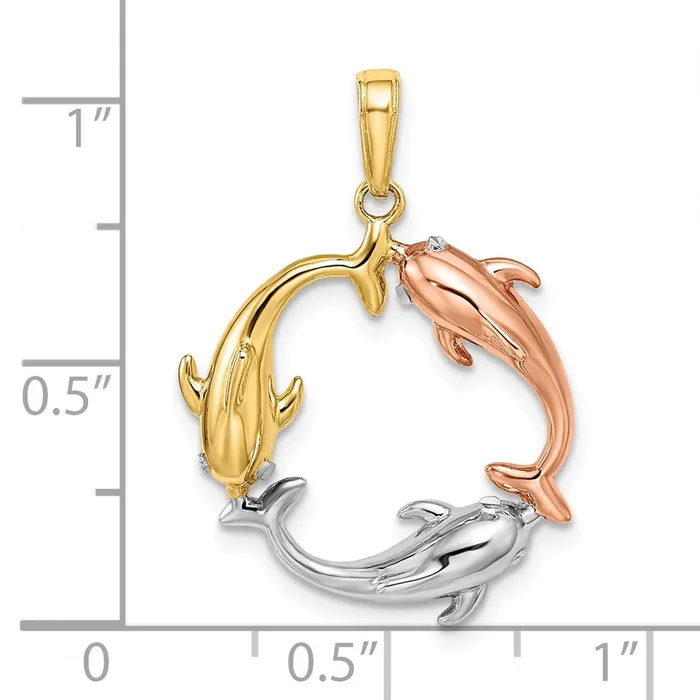 Goldia PreStyled Sets 14k TriColor Gold Triple Dolphin Circle Pendant