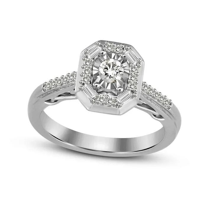 Goldia Rings 025 CT TW Baguette and Round Natural Diamond Octagonal Frame Promise Ring in Solid 10K White Gold Goldia Rings 025 CT TW Baguette and Round Natural Diamond Octagonal Frame Promise Ring in Solid 10K White Gold