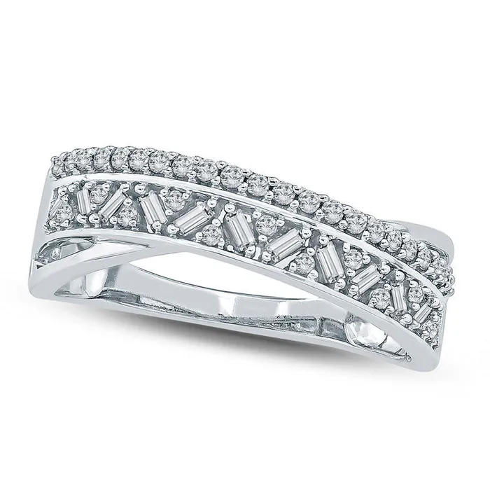 Goldia Rings 033 CT TW Baguette and Round Natural Diamond Crossover Ring in Solid 10K White Gold Goldia Rings 033 CT TW Baguette and Round Natural Diamond Crossover Ring in Solid 10K White Gold