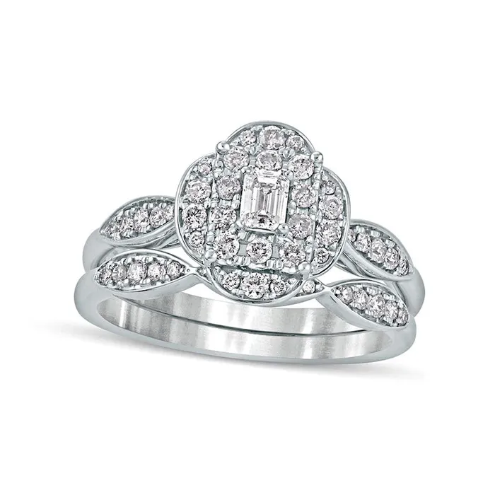 Goldia Rings 063 CT TW EmeraldCut Natural Diamond Quatrefoil Frame ArtDeco Bridal Engagement Ring Set in Solid 10K White Gold Goldia Rings 063 CT TW EmeraldCut Natural Diamond Quatrefoil Frame ArtDeco Bridal Engagement Ring Set in Solid 10K White Gold