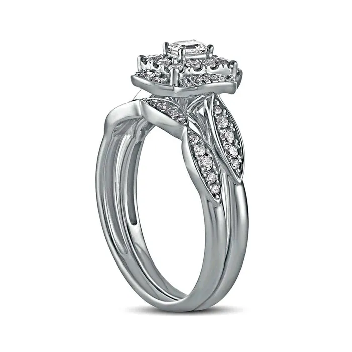 Goldia Rings 063 CT TW EmeraldCut Natural Diamond Quatrefoil Frame ArtDeco Bridal Engagement Ring Set in Solid 10K White Gold Goldia Rings 063 CT TW EmeraldCut Natural Diamond Quatrefoil Frame ArtDeco Bridal Engagement Ring Set in Solid 10K White Gold