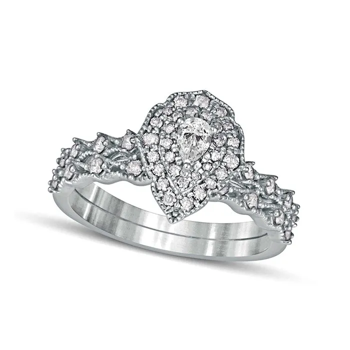 Goldia Rings 063 CT TW PearShaped Natural Diamond Double Frame Antique VintageStyle Bridal Engagement Ring Set in Solid 10K White Gold Goldia Rings 063 CT TW PearShaped Natural Diamond Double Frame Antique VintageStyle Bridal Engagement Ring Set in Solid 10K White Gold
