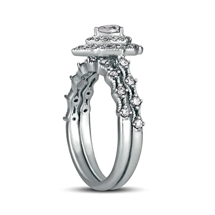 Goldia Rings 063 CT TW PearShaped Natural Diamond Double Frame Antique VintageStyle Bridal Engagement Ring Set in Solid 10K White Gold Goldia Rings 063 CT TW PearShaped Natural Diamond Double Frame Antique VintageStyle Bridal Engagement Ring Set in Solid 10K White Gold