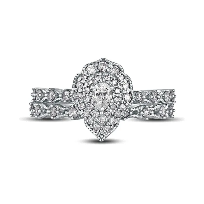 Goldia Rings 063 CT TW PearShaped Natural Diamond Double Frame Antique VintageStyle Bridal Engagement Ring Set in Solid 10K White Gold Goldia Rings 063 CT TW PearShaped Natural Diamond Double Frame Antique VintageStyle Bridal Engagement Ring Set in Solid 10K White Gold