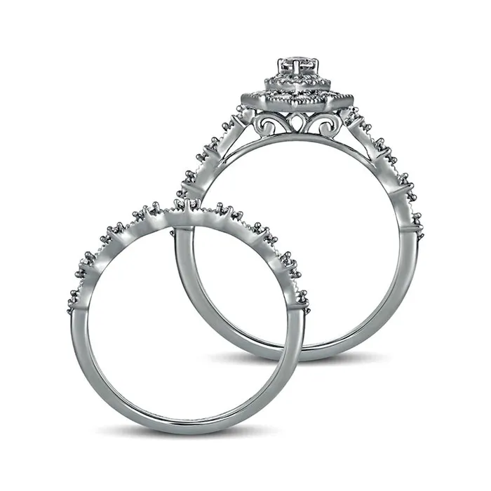 Goldia Rings 063 CT TW PearShaped Natural Diamond Double Frame Antique VintageStyle Bridal Engagement Ring Set in Solid 10K White Gold Goldia Rings 063 CT TW PearShaped Natural Diamond Double Frame Antique VintageStyle Bridal Engagement Ring Set in Solid 10K White Gold