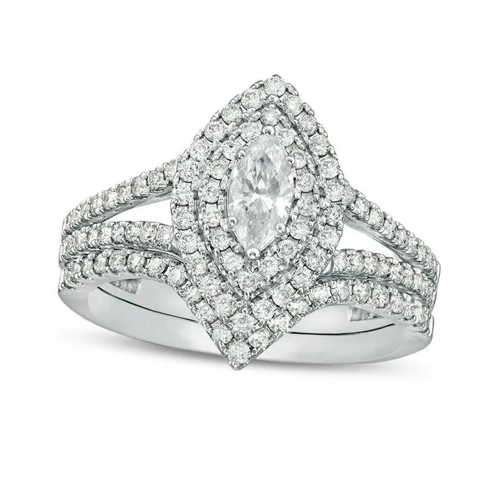 Goldia Rings 10 CT TW Certified Marquise Natural Diamond Double Frame Bridal Engagement Ring Set in Solid 14K White Gold II1 Goldia Rings 10 CT TW Certified Marquise Natural Diamond Double Frame Bridal Engagement Ring Set in Solid 14K White Gold II1