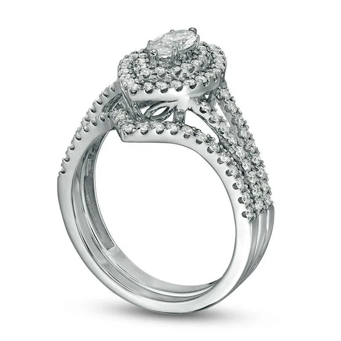 Goldia Rings 10 CT TW Certified Marquise Natural Diamond Double Frame Bridal Engagement Ring Set in Solid 14K White Gold II1