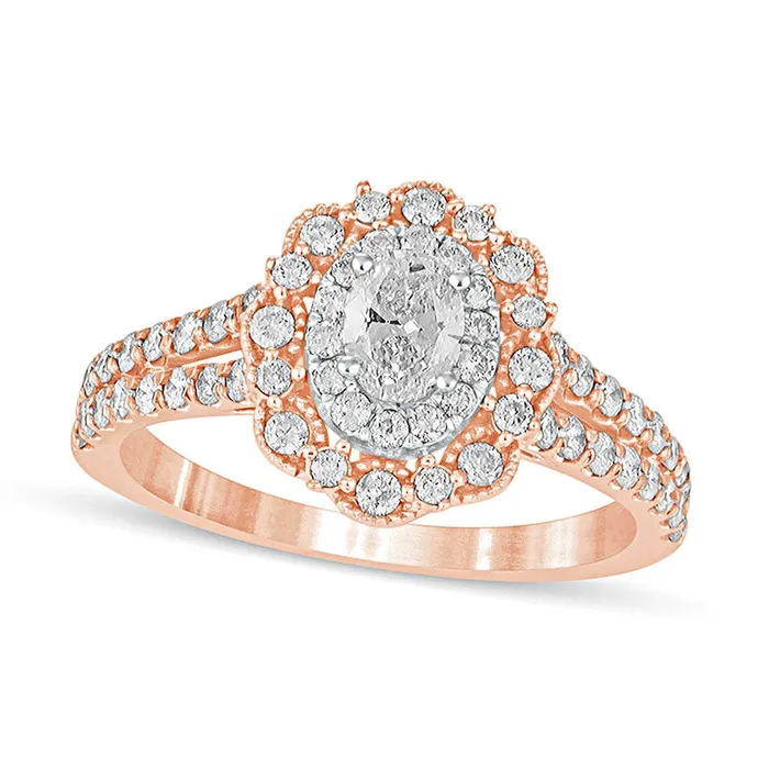 Goldia Rings 10 CT TW Oval Natural Diamond Double Scallop Frame Antique VintageStyle Engagement Ring in Solid 14K Rose Gold Goldia Rings 10 CT TW Oval Natural Diamond Double Scallop Frame Antique VintageStyle Engagement Ring in Solid 14K Rose Gold