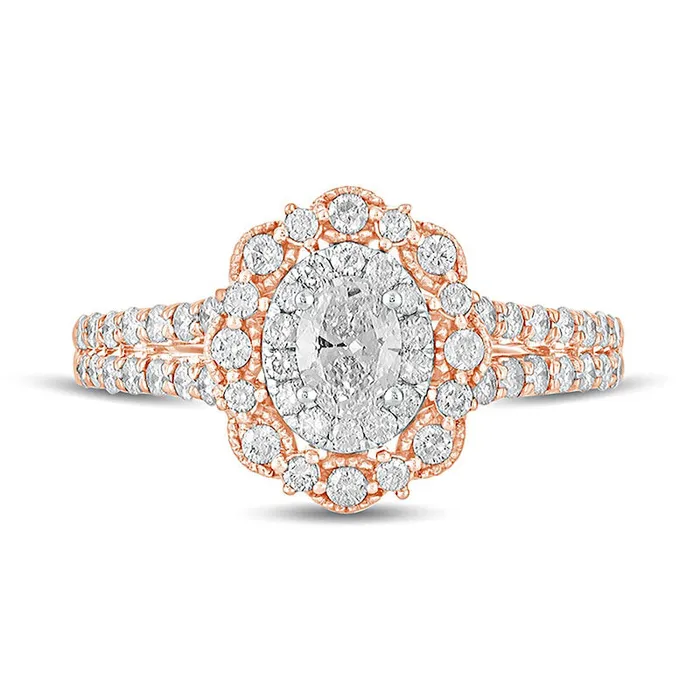 Goldia Rings 10 CT TW Oval Natural Diamond Double Scallop Frame Antique VintageStyle Engagement Ring in Solid 14K Rose Gold Goldia Rings 10 CT TW Oval Natural Diamond Double Scallop Frame Antique VintageStyle Engagement Ring in Solid 14K Rose Gold