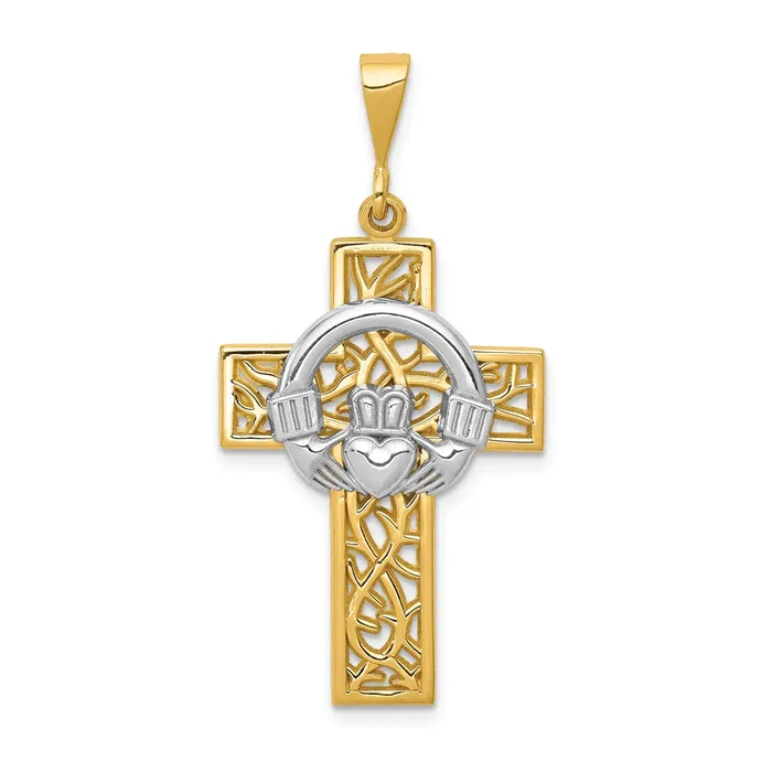 Goldia Rings 14k Twotone Gold Claddagh Cross Pendant