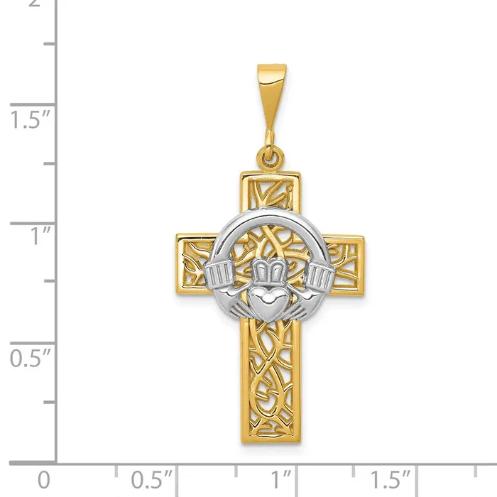 Goldia Rings 14k Twotone Gold Claddagh Cross Pendant