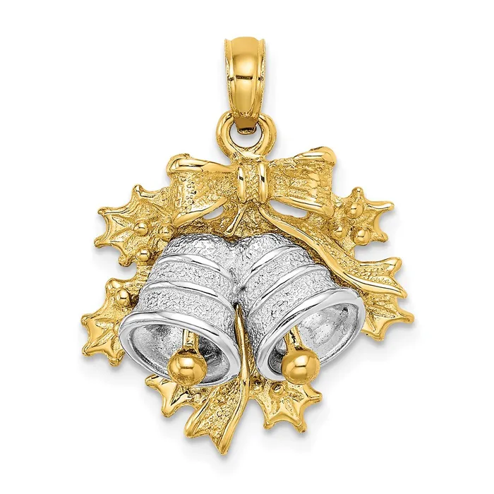 Goldia Rings 14k Twotone Gold Twotone Gold 3D Christmas Bell and Holly Charm Goldia Rings 14k Twotone Gold Twotone Gold 3D Christmas Bell and Holly Charm