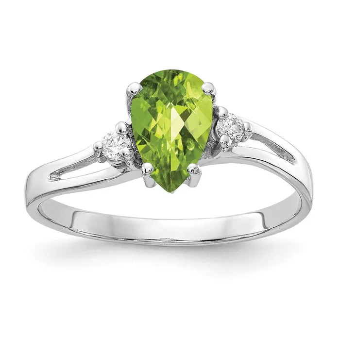 Goldia Rings 14k White Gold 7x5mm Pear Peridot Checker AA Diamond ring