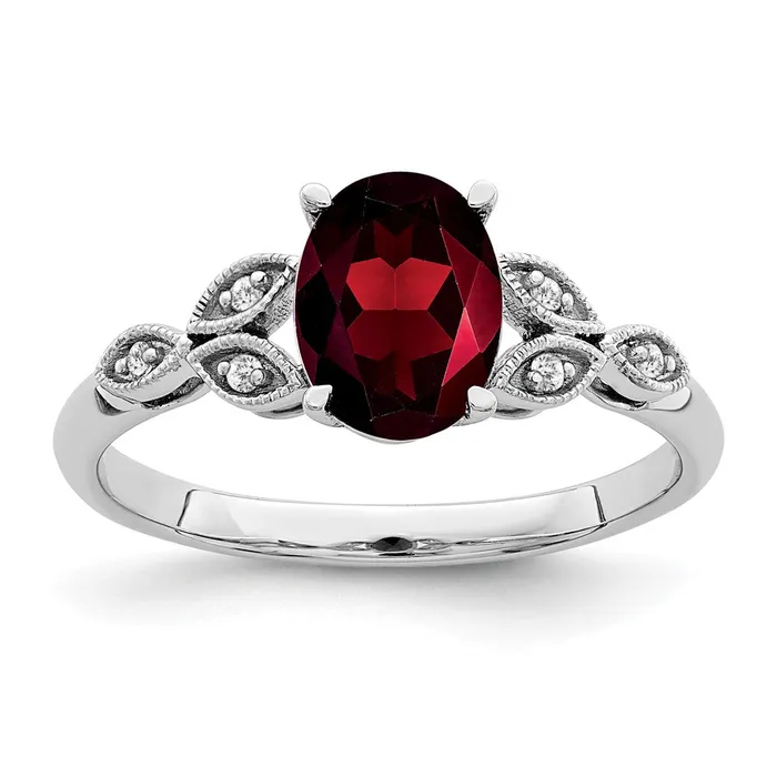 Goldia Rings 14k White Gold Oval Garnet and Real Diamond Ring