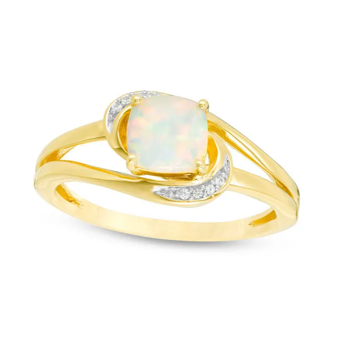 Goldia Rings 60mm CushionCut LabCreated Opal and White Sapphire Bypass Ring in Sterling Silver with Solid 14K Gold Plate Goldia Rings 60mm CushionCut LabCreated Opal and White Sapphire Bypass Ring in Sterling Silver with Solid 14K Gold Plate