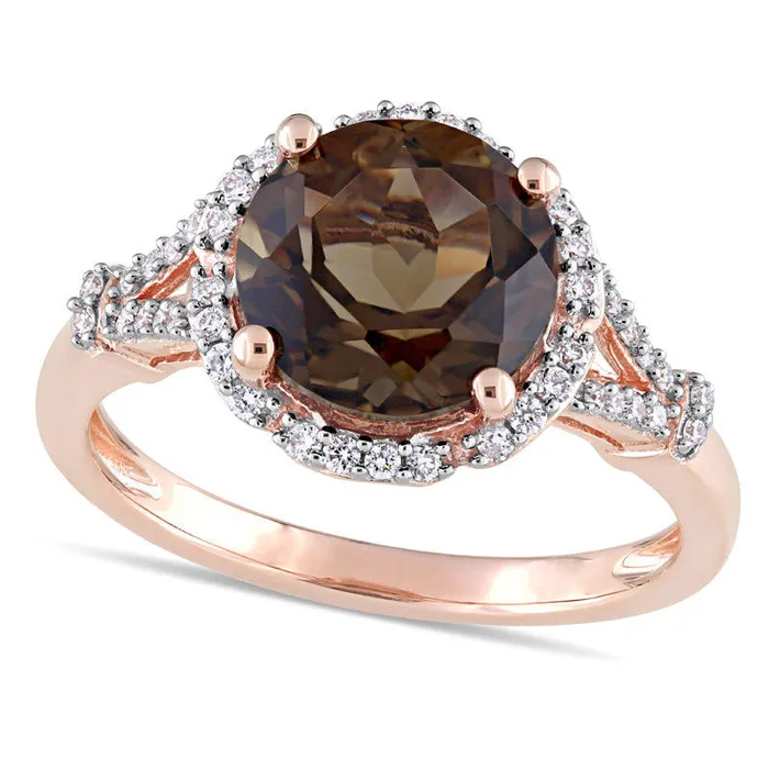Goldia Rings 90mm Smoky Quartz and 020 CT TW Natural Diamond Frame Split Shank Ring in Solid 14K Rose Gold