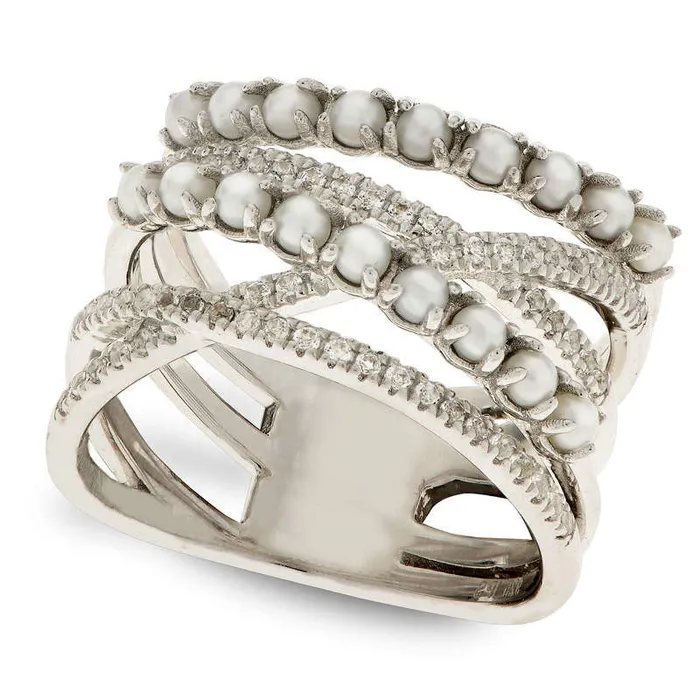 Goldia Rings Cultured Freshwater Pearl and White Topaz Crossover Ring in Sterling Silver Goldia Rings Cultured Freshwater Pearl and White Topaz Crossover Ring in Sterling Silver