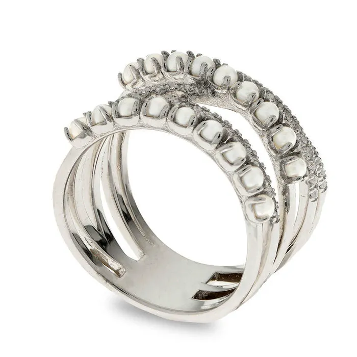 Goldia Rings Cultured Freshwater Pearl and White Topaz Crossover Ring in Sterling Silver Goldia Rings Cultured Freshwater Pearl and White Topaz Crossover Ring in Sterling Silver