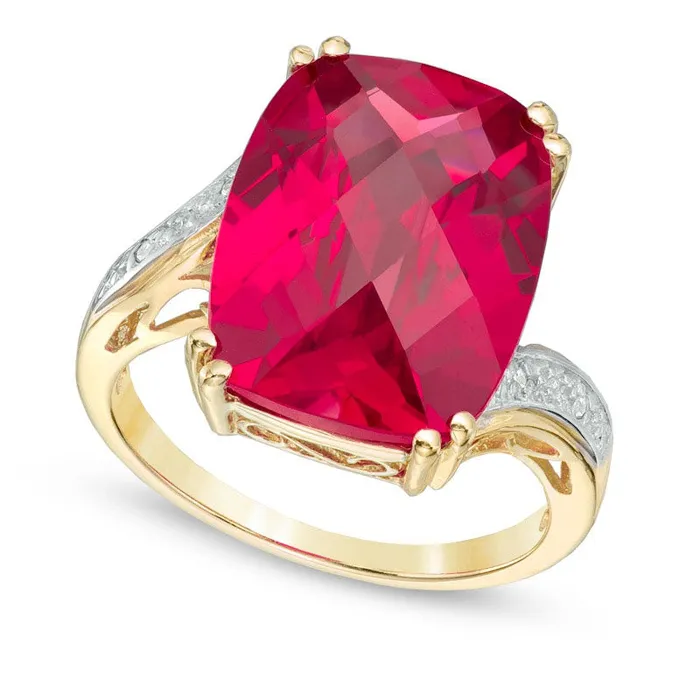 Goldia Rings CushionCut LabCreated Ruby and Diamond Accent Ring in Solid 10K Yellow Gold Goldia Rings CushionCut LabCreated Ruby and Diamond Accent Ring in Solid 10K Yellow Gold