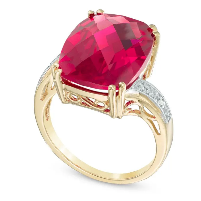 Goldia Rings CushionCut LabCreated Ruby and Diamond Accent Ring in Solid 10K Yellow Gold Goldia Rings CushionCut LabCreated Ruby and Diamond Accent Ring in Solid 10K Yellow Gold