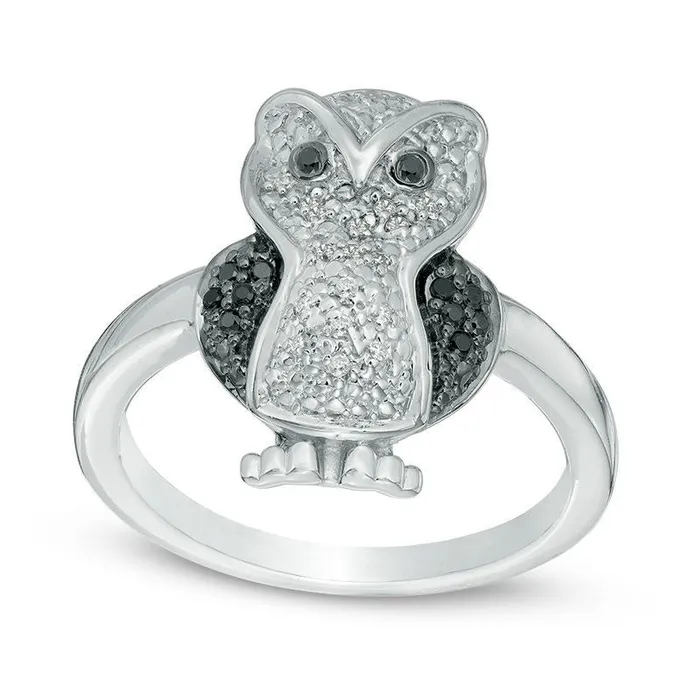 Goldia Rings Enhanced Black and White Natural Diamond Accent Owl Ring in Sterling Silver Goldia Rings Enhanced Black and White Natural Diamond Accent Owl Ring in Sterling Silver