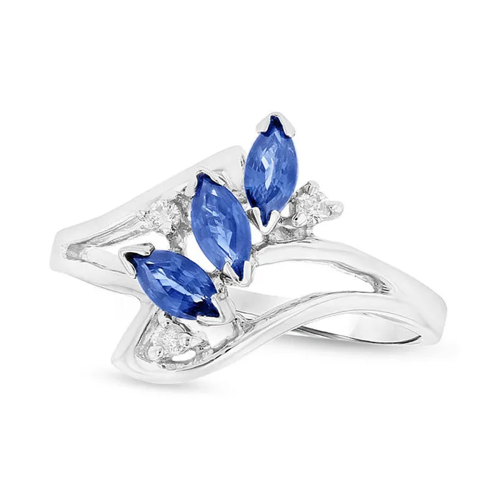 Goldia Rings Marquise Blue Sapphire and Natural Diamond Accent Three Stone Bypass Ring in Solid 14K White Gold Goldia Rings Marquise Blue Sapphire and Natural Diamond Accent Three Stone Bypass Ring in Solid 14K White Gold