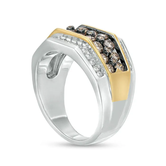 Goldia Rings Mens 20 CT TW Champagne and White Natural Diamond MultiRow Ring in Solid 10K TwoTone Gold Goldia Rings Mens 20 CT TW Champagne and White Natural Diamond MultiRow Ring in Solid 10K TwoTone Gold