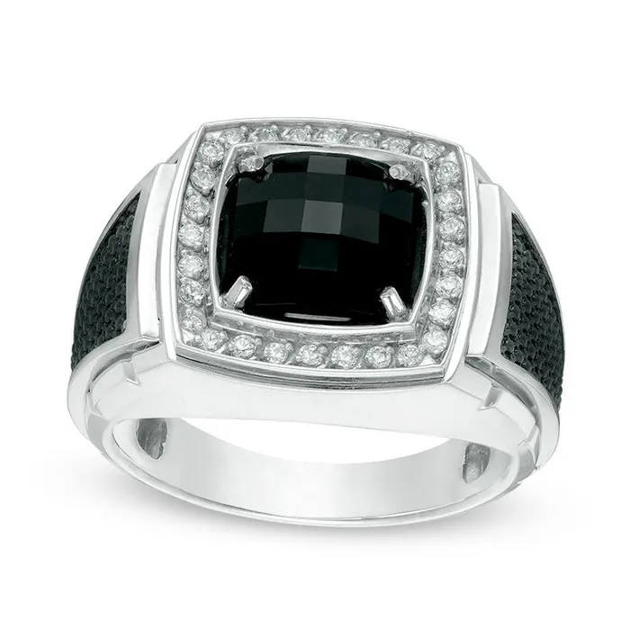 Goldia Rings Mens 90mm CushionCut Onyx and 025 CT TW Natural Diamond Frame Ring in Solid 10K White Gold and Black Rhodium Goldia Rings Mens 90mm CushionCut Onyx and 025 CT TW Natural Diamond Frame Ring in Solid 10K White Gold and Black Rhodium