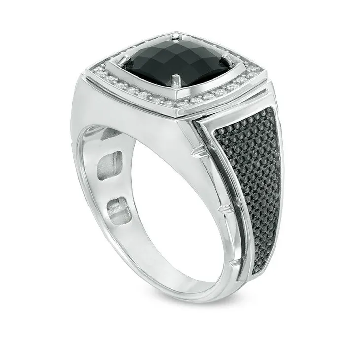 Goldia Rings Mens 90mm CushionCut Onyx and 025 CT TW Natural Diamond Frame Ring in Solid 10K White Gold and Black Rhodium Goldia Rings Mens 90mm CushionCut Onyx and 025 CT TW Natural Diamond Frame Ring in Solid 10K White Gold and Black Rhodium