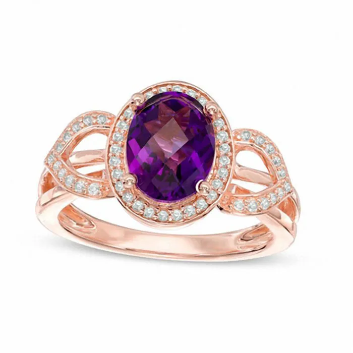 Goldia Rings Oval Amethyst and 020 CT TW Natural Diamond Frame Petal Ring in Solid 10K Rose Gold Goldia Rings Oval Amethyst and 020 CT TW Natural Diamond Frame Petal Ring in Solid 10K Rose Gold