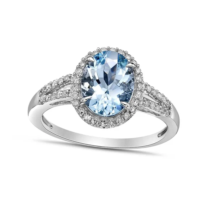 Goldia Rings Oval Aquamarine and 025 CT TW Natural Diamond Frame Split Shank Ring in Solid 10K White Gold Goldia Rings Oval Aquamarine and 025 CT TW Natural Diamond Frame Split Shank Ring in Solid 10K White Gold