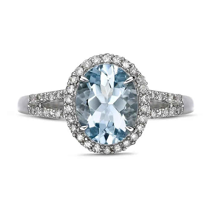 Goldia Rings Oval Aquamarine and 025 CT TW Natural Diamond Frame Split Shank Ring in Solid 10K White Gold Goldia Rings Oval Aquamarine and 025 CT TW Natural Diamond Frame Split Shank Ring in Solid 10K White Gold