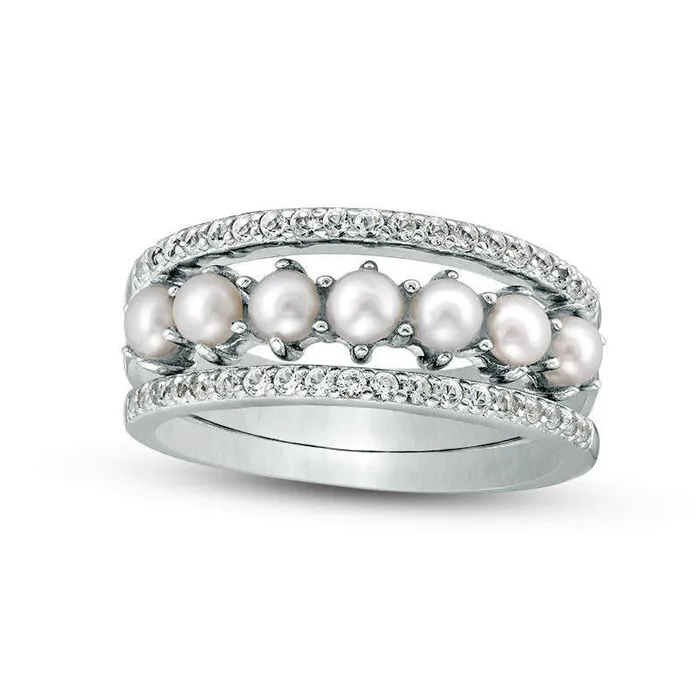 Goldia Rings Oval Cultured Freshwater Pearl and White Topaz Three Piece Stackable Band Set in Sterling Silver Goldia Rings Oval Cultured Freshwater Pearl and White Topaz Three Piece Stackable Band Set in Sterling Silver