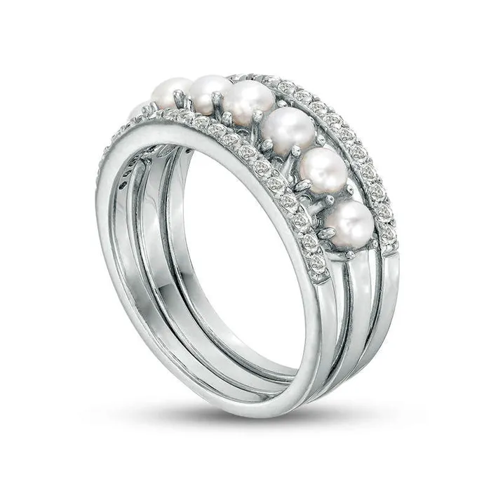 Goldia Rings Oval Cultured Freshwater Pearl and White Topaz Three Piece Stackable Band Set in Sterling Silver Goldia Rings Oval Cultured Freshwater Pearl and White Topaz Three Piece Stackable Band Set in Sterling Silver